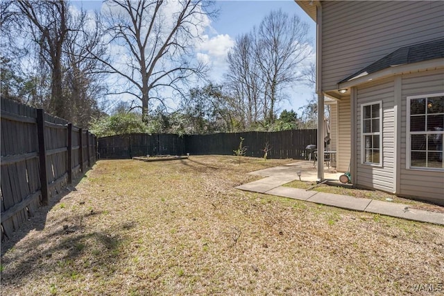 view of yard featuring a patio area and a fenced backyard