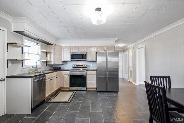 65 Wooley Rd, Brent, AL 35034 - kitchen featuring stainless steel appliances, a sink, dark countertops, ornamental molding, and open shelves
