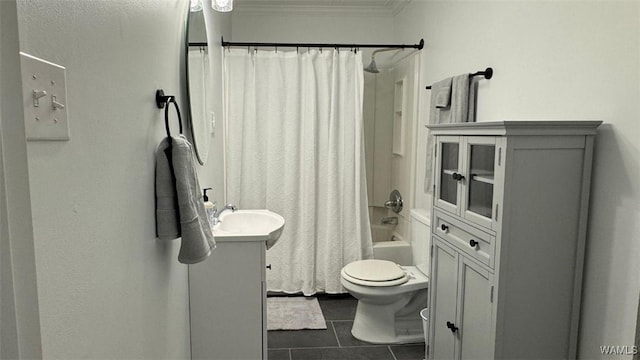 full bathroom with tile patterned flooring, vanity, toilet, shower / tub combo with curtain, and ornamental molding