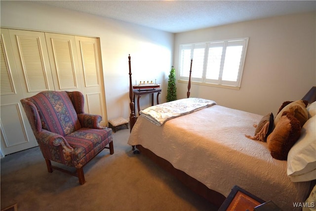 carpeted bedroom with a textured ceiling and a closet