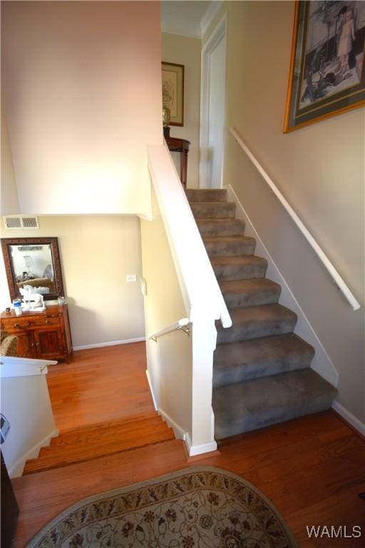 stairs featuring wood-type flooring