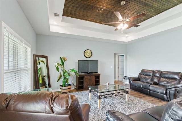 320 Rob Lee St, Moundville, AL 35474 - living room featuring a raised ceiling, a ceiling fan, healthy amount of natural light, and wood finished floors