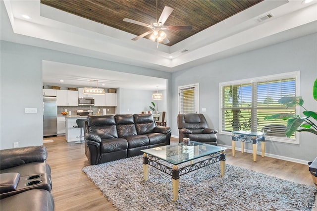 320 Rob Lee St, Moundville, AL 35474 - living area with a raised ceiling, light wood finished floors, ceiling fan, wood ceiling, and recessed lighting