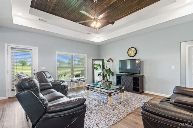 320 Rob Lee St, Moundville, AL 35474 - living room featuring a tray ceiling, ceiling fan, wood finished floors, and wood ceiling