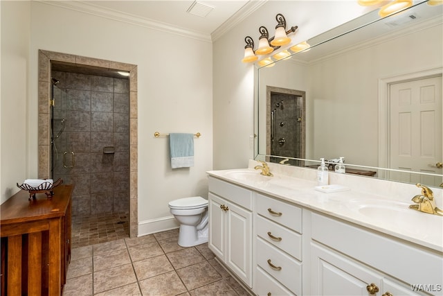 bathroom with tile patterned flooring, ornamental molding, vanity, and a shower with shower door