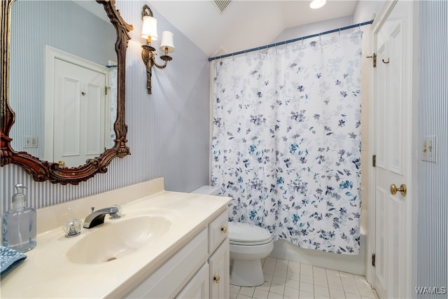 full bathroom featuring shower / bath combo, tile patterned flooring, lofted ceiling, toilet, and vanity