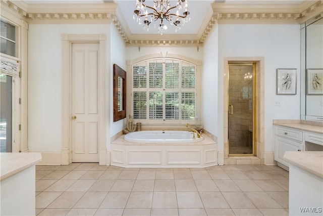 bathroom featuring tile patterned flooring, vanity, ornamental molding, and plus walk in shower