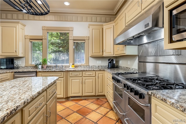 kitchen with appliances with stainless steel finishes, light stone counters, ornamental molding, extractor fan, and sink