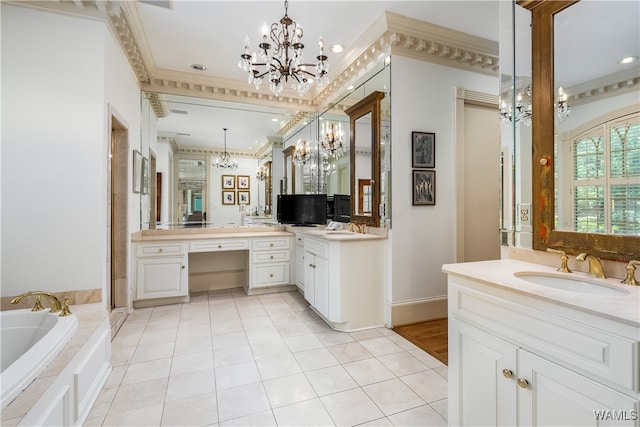 bathroom with tile patterned floors, vanity, crown molding, a chandelier, and tiled bath