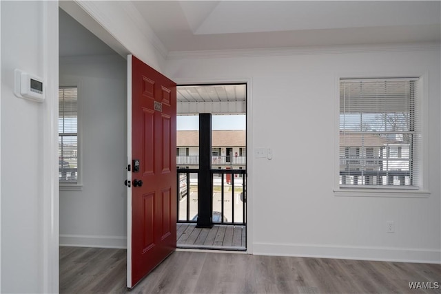 entryway with crown molding, baseboards, and wood finished floors