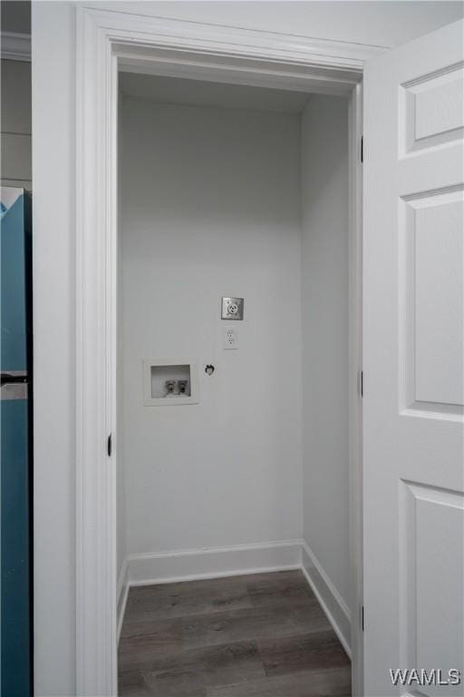 laundry area with baseboards, dark wood-style flooring, hookup for a washing machine, and hookup for an electric dryer