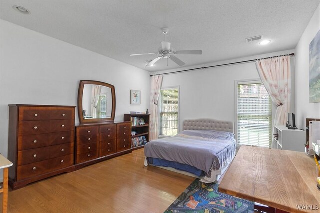 839 Seven Oaks Pl, Tuscaloosa, AL 35406 - bedroom with wood finished floors, multiple windows, a ceiling fan, and a textured ceiling