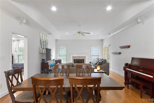 839 Seven Oaks Pl, Tuscaloosa, AL 35406 - dining space featuring ceiling fan, a raised ceiling, light wood-style flooring, recessed lighting, and plenty of natural light