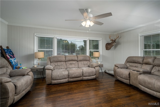 living room featuring ceiling fan, dark wood-type flooring, and ornamental molding