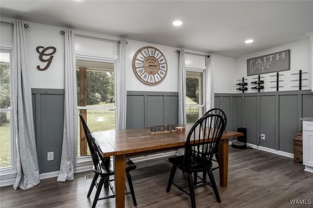 15120 Lakeland Forest Dr, Northport, AL 35475 - dining area featuring a decorative wall, dark wood-style floors, a wainscoted wall, and recessed lighting