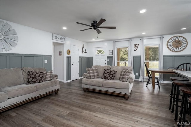 15120 Lakeland Forest Dr, Northport, AL 35475 - living area featuring a decorative wall, a ceiling fan, dark wood-style floors, recessed lighting, and wainscoting