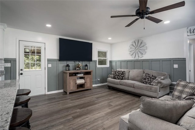 15120 Lakeland Forest Dr, Northport, AL 35475 - living area featuring a ceiling fan, a wainscoted wall, a decorative wall, dark wood-style flooring, and recessed lighting