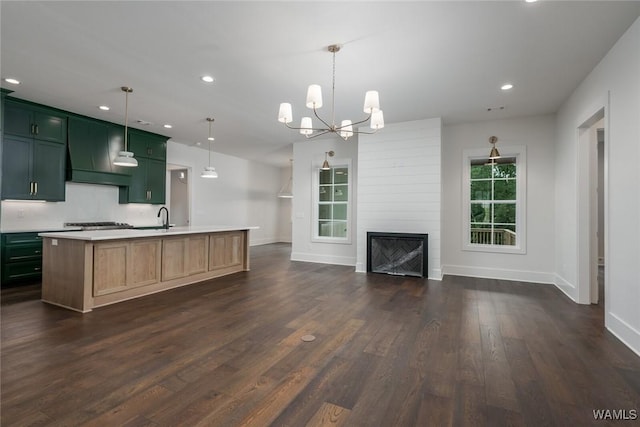 14817 Highpoint Cv, Northport, AL 35475 - kitchen featuring green cabinets, recessed lighting, dark wood-style floors, open floor plan, and light countertops