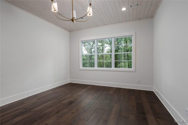 14817 Highpoint Cv, Northport, AL 35475 - empty room featuring a chandelier, wood ceiling, dark wood-style flooring, recessed lighting, and ornamental molding
