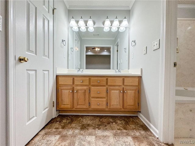 bathroom featuring vanity, ceiling fan, and ornamental molding