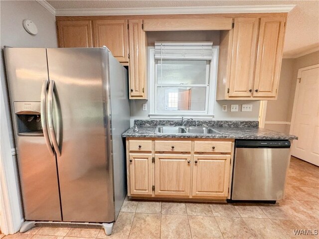 kitchen with light brown cabinetry, stainless steel appliances, crown molding, sink, and light tile patterned flooring