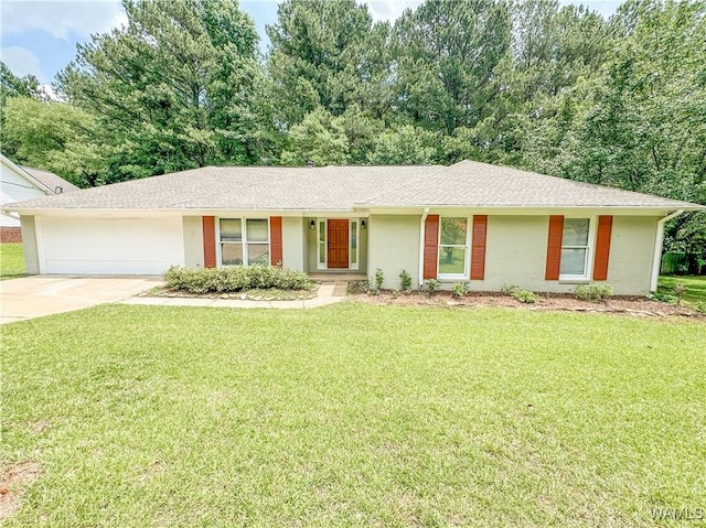 ranch-style home with a garage and a front lawn