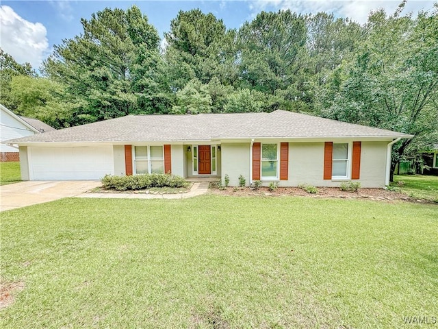 single story home with a front lawn and a garage