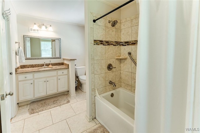4809 Dove Creek Ave, Northport, AL 35473 - bathroom with crown molding, vanity, tile patterned floors, and shower / tub combo with curtain
