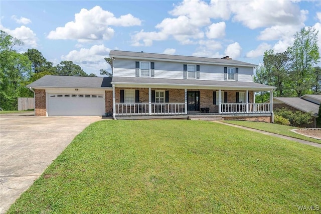 view of front facade featuring a porch, a front yard, a garage, brick siding, and concrete driveway