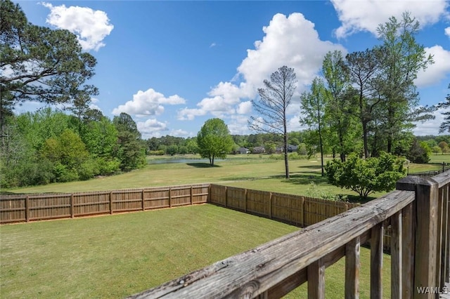 view of yard featuring a fenced backyard and a water view