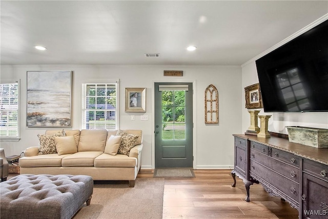 2507 Twin Mnr, Northport, AL 35476 - living area with ornamental molding, light wood-style floors, recessed lighting, and baseboards