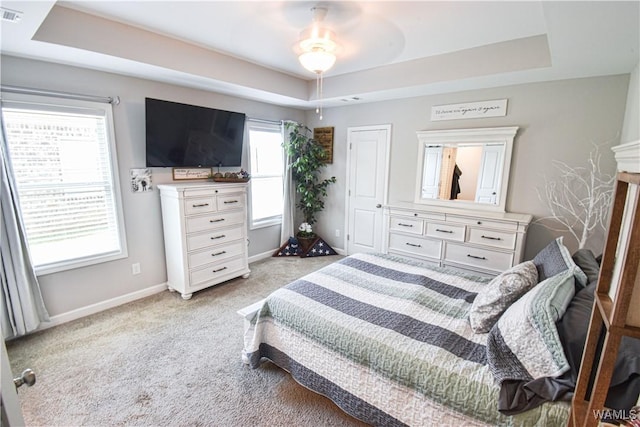 13946 Sullivan Blvd, Northport, AL 35475 - bedroom featuring a tray ceiling, light colored carpet, and a ceiling fan