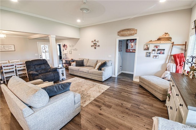 13946 Sullivan Blvd, Northport, AL 35475 - living area featuring dark wood-style flooring, decorative columns, recessed lighting, plenty of natural light, and ornamental molding