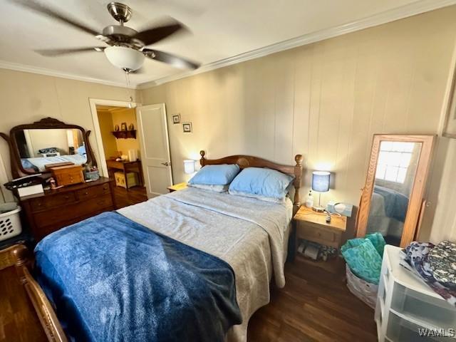 1002 Cedar Crest Dr, Demopolis, AL 36732 - bedroom featuring ceiling fan, ornamental molding, and wood finished floors