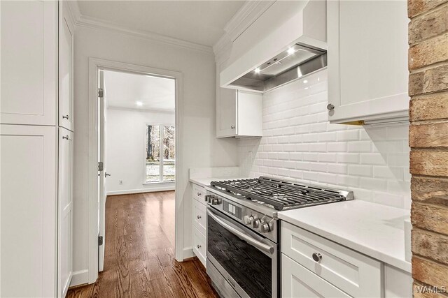 kitchen featuring high end stainless steel range oven, dark hardwood / wood-style flooring, white cabinets, custom range hood, and ornamental molding