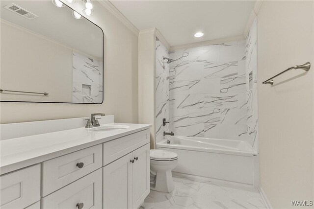 full bathroom featuring toilet, vanity, ornamental molding, and tiled shower / bath