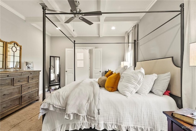 11441 Stella Way, Northport, AL 35475 - bedroom featuring coffered ceiling, beam ceiling, light colored carpet, ornamental molding, and recessed lighting