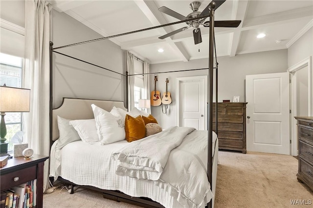 11441 Stella Way, Northport, AL 35475 - bedroom with light colored carpet, beamed ceiling, coffered ceiling, recessed lighting, and ornamental molding