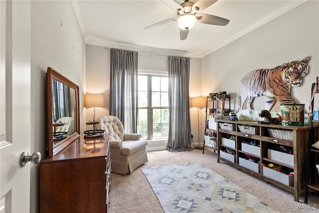 11441 Stella Way, Northport, AL 35475 - living area featuring carpet floors, crown molding, and a ceiling fan