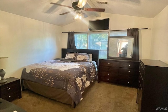 6400 Plantation Ct, Tuscaloosa, AL 35405 - carpeted bedroom with vaulted ceiling, visible vents, and ceiling fan
