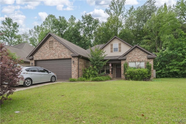3215 Birch Way, Northport, AL 35475 - craftsman-style house with a garage, brick siding, a front yard, board and batten siding, and concrete driveway