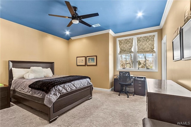1006 Shady Tree Ln, Tuscaloosa, AL 35406 - bedroom with visible vents, crown molding, baseboards, ceiling fan, and carpet floors