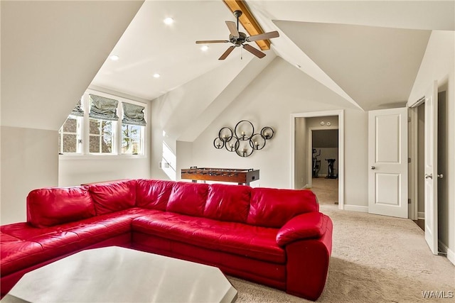1006 Shady Tree Ln, Tuscaloosa, AL 35406 - carpeted living area featuring baseboards, vaulted ceiling with beams, recessed lighting, and ceiling fan