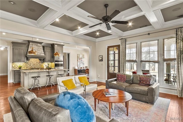 1006 Shady Tree Ln, Tuscaloosa, AL 35406 - living room with dark wood-style flooring, baseboards, beamed ceiling, and ceiling fan