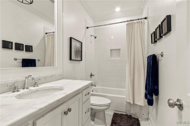 1006 Shady Tree Ln, Tuscaloosa, AL 35406 - bathroom with tile patterned flooring, vanity, crown molding, toilet, and shower / bath combination with curtain