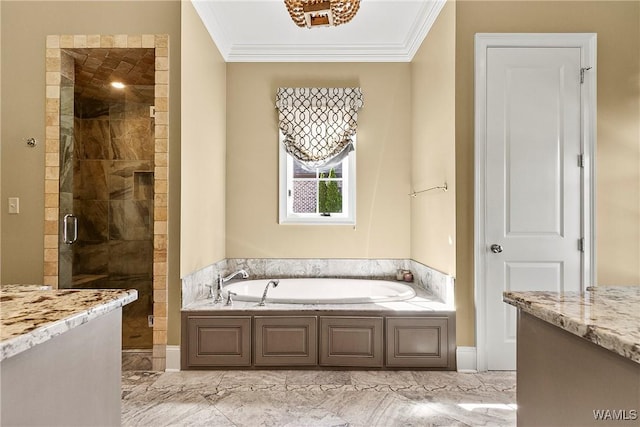 1006 Shady Tree Ln, Tuscaloosa, AL 35406 - bathroom featuring a bath, marble finish floor, a stall shower, and crown molding
