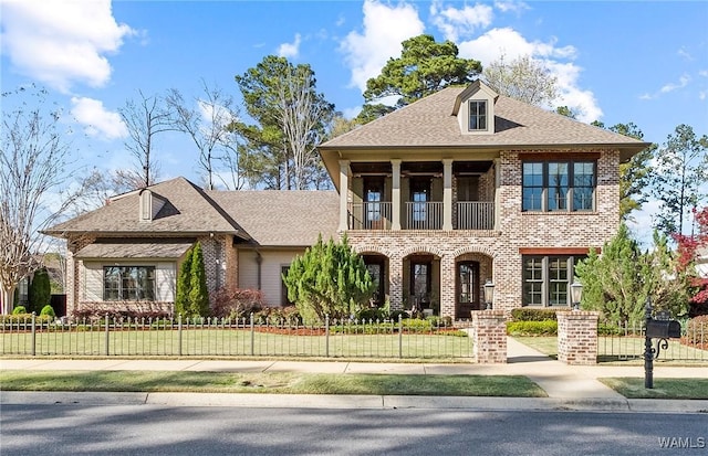 1006 Shady Tree Ln, Tuscaloosa, AL 35406 - view of front of home featuring a balcony, a fenced front yard, and brick siding