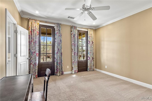1006 Shady Tree Ln, Tuscaloosa, AL 35406 - carpeted spare room featuring recessed lighting, ornamental molding, baseboards, ceiling fan, and visible vents