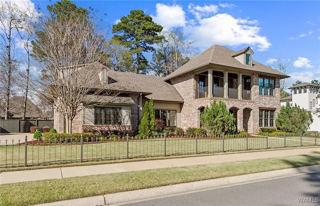 1006 Shady Tree Ln, Tuscaloosa, AL 35406 - view of front of property with brick siding, a front yard, a fenced front yard, and a balcony