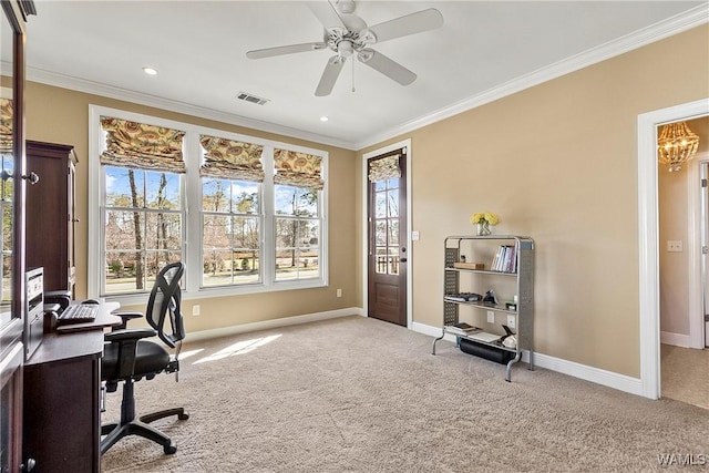1006 Shady Tree Ln, Tuscaloosa, AL 35406 - carpeted office featuring baseboards, ornamental molding, visible vents, and ceiling fan with notable chandelier